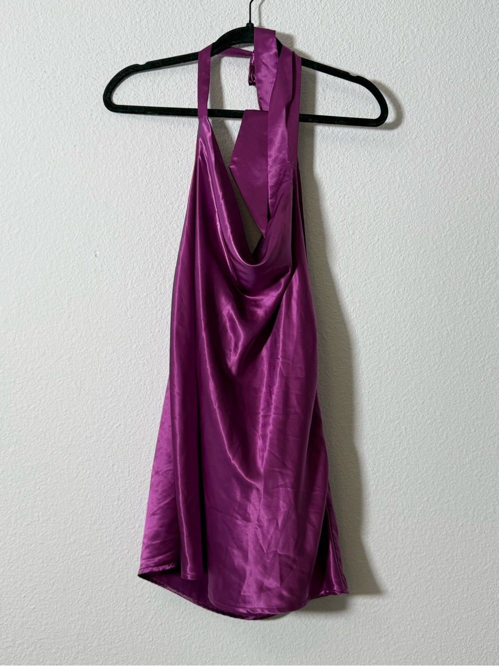 More to Come Purple Satin Halter Mini Dress Size Large Open Back Party Cocktail